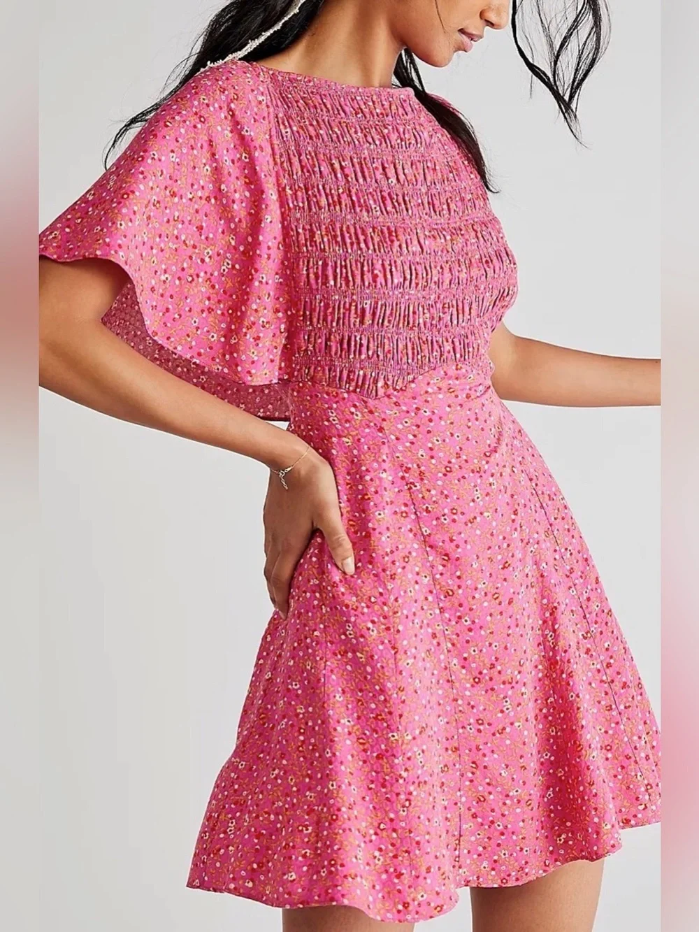 Free People Pink Floral Smocked Skater Dress Femme Florence Mini Medium